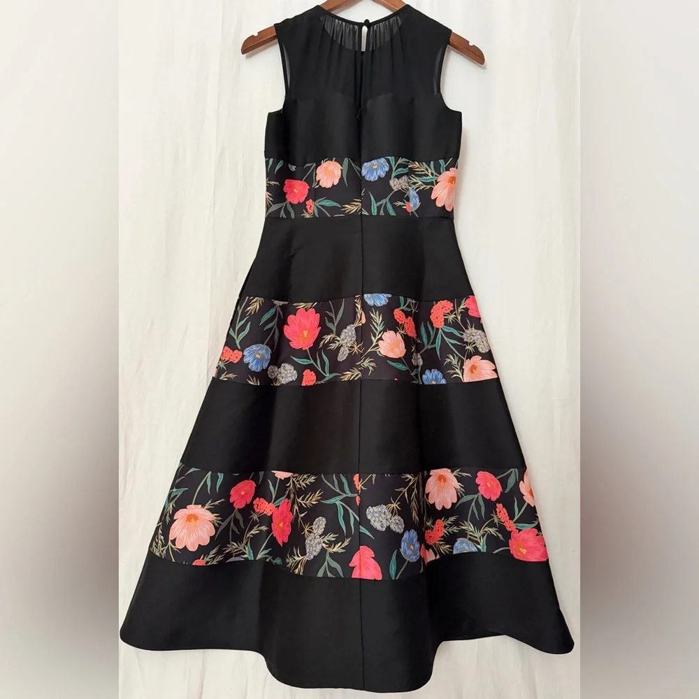 Kate Spade New York Blossom Mikado Midi Dress Striped Floral Print- Black - Sz 2